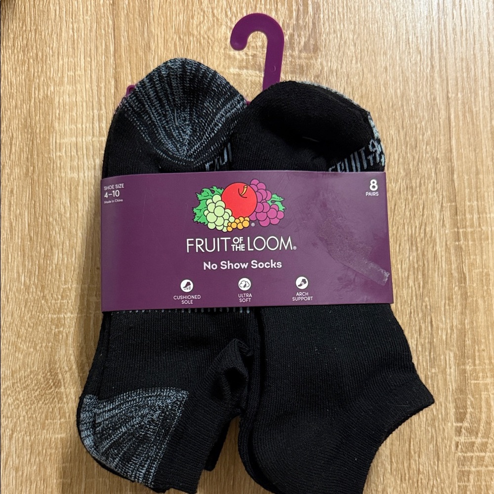 Fruit of the Loom Black and Gray No Show Socks - 8 Pack